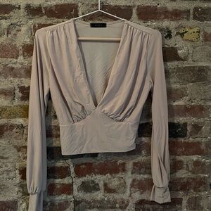 SAINTS Tan Wrap Blouse with Long Sleeves